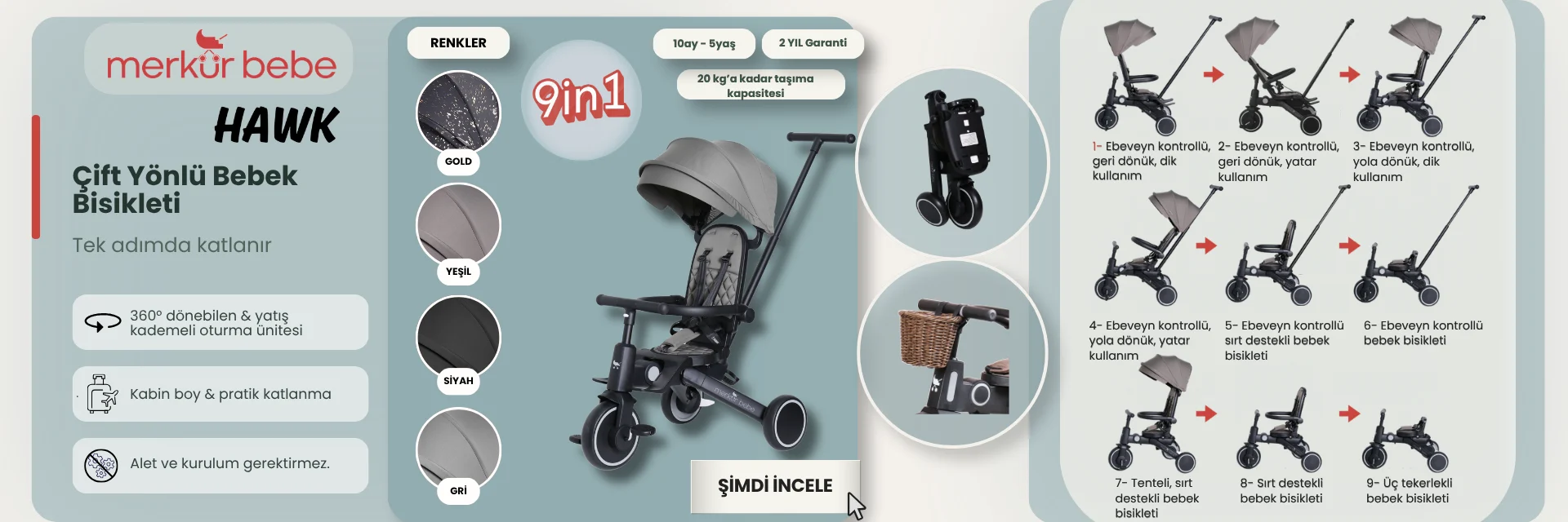 Merkür Bebe 9in1 Hawk Üç Tekerlekli Bebek ve Çocuk Bisikleti