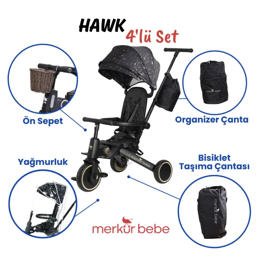 Merkür Bebe 9in1 Hawk Çift Yönlü Katlanabilir Yatabilir Ayak Destekli Üç Tekerlekli Bebek ve Çocuk Bisikleti Premium Gold