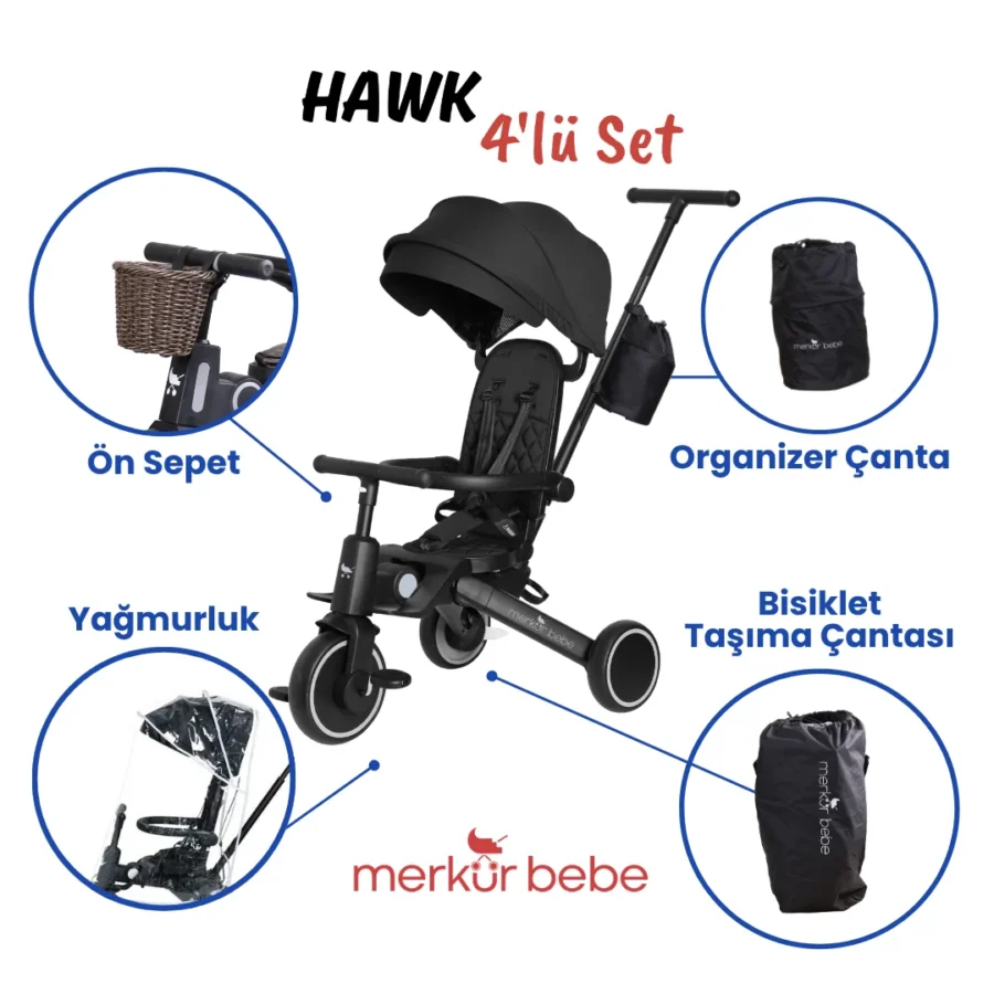 Merkür Bebe 9in1 Hawk Çift Yönlü Katlanabilir Yatabilir Ayak Destekli Üç Tekerlekli Bebek ve Çocuk Bisikleti Seti Siyah