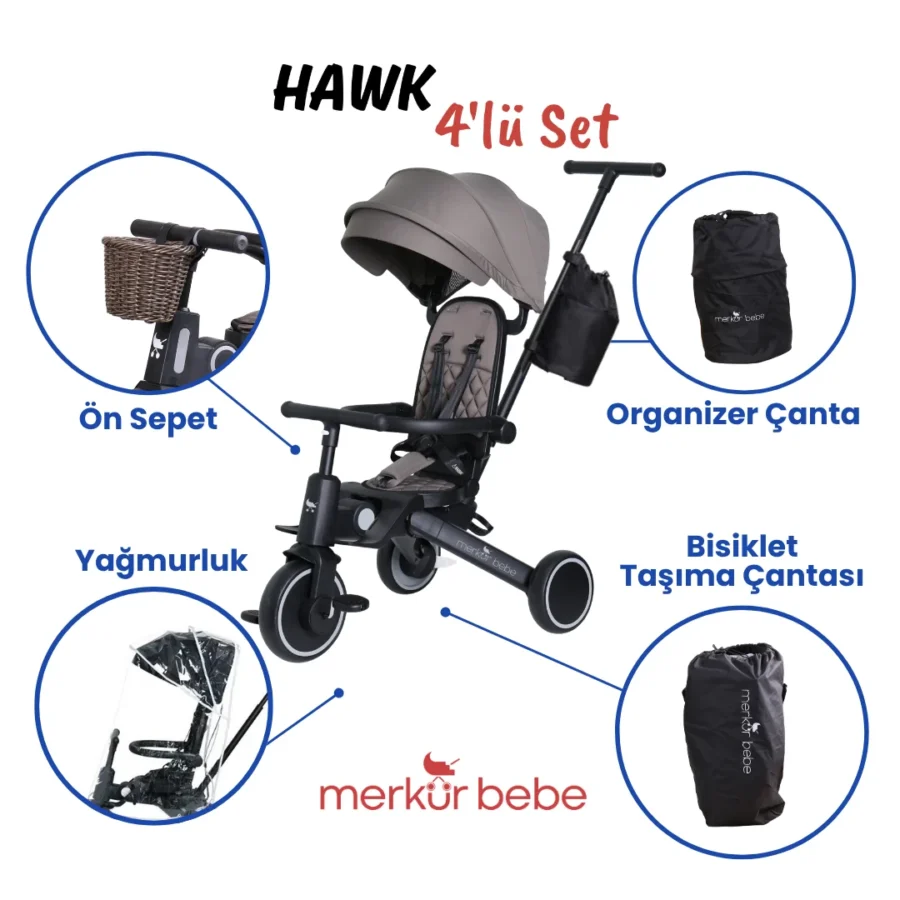 Merkür Bebe 9in1 Hawk Çift Yönlü Katlanabilir Yatabilir Ayak Destekli Üç Tekerlekli Bebek ve Çocuk Bisikleti Yeşil