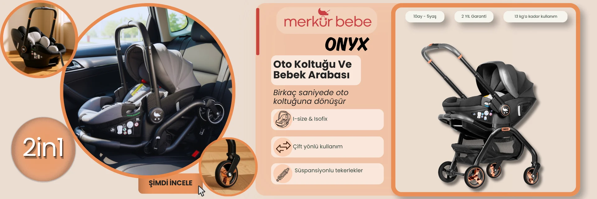 Merkür Bebe Onyx 2'si 1 Arada Oto Koltuğu Bebek Arabası Yeşil
