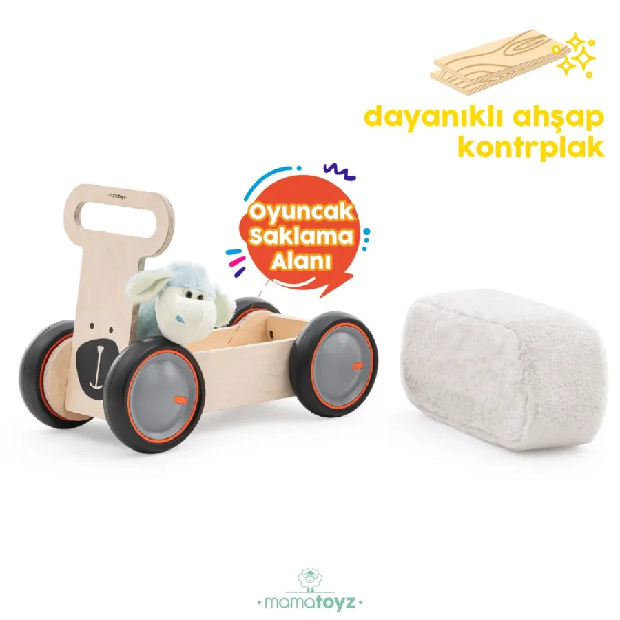 Mamatoyz DriveMe Soft 3'ü 1 Arada Ahşap İlk Adım Arabası Yürüme Arkadaşı, Bingit, Oyuncak Kutusu - Ayı