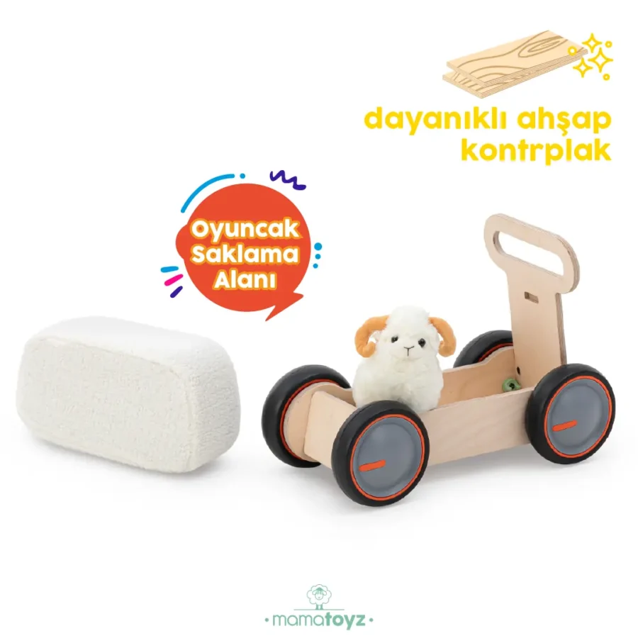 Mamatoyz DriveMe Soft 3'ü 1 Arada Ahşap İlk Adım Arabası Yürüme Arkadaşı, Bingit, Oyuncak Kutusu - İnek