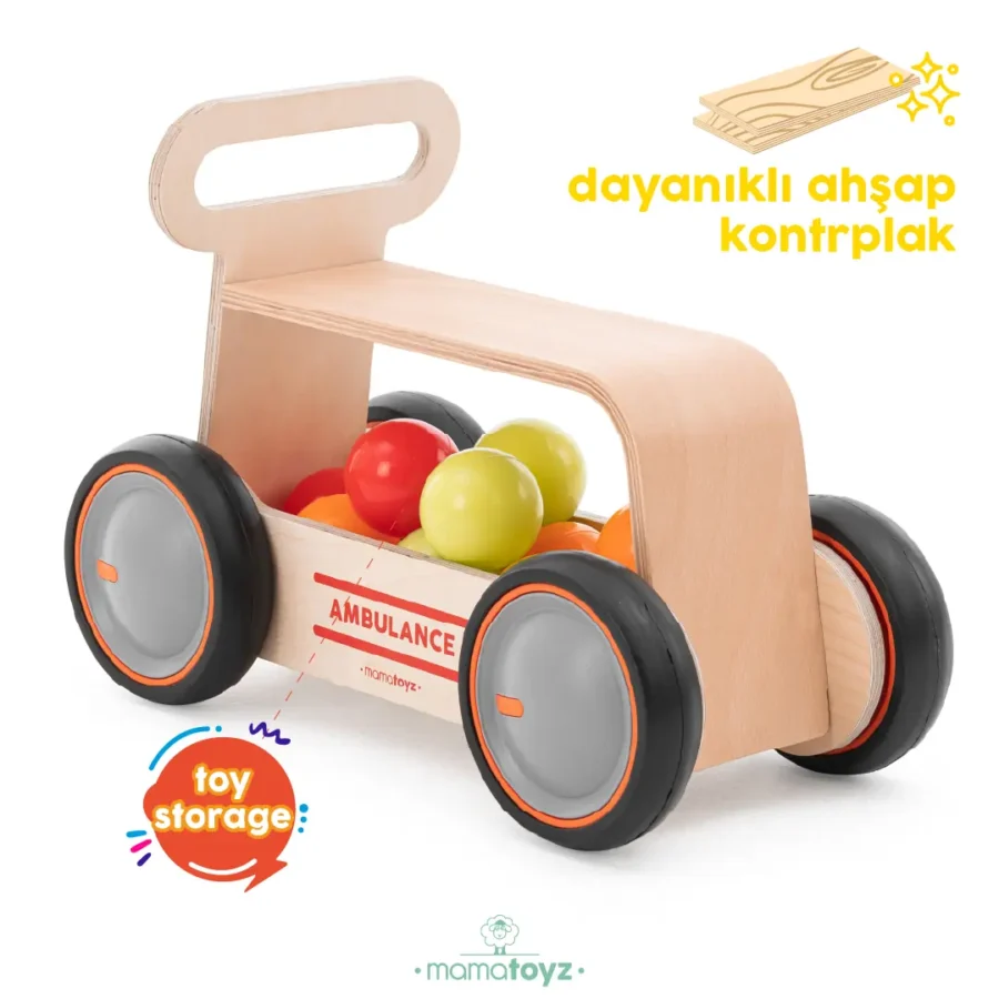Mamatoyz DriveMe Wood 3'ü 1 Arada Ahşap İlk Adım Arabası Yürüme Arkadaşı, Bingit, Oyuncak Kutusu - Ambulans