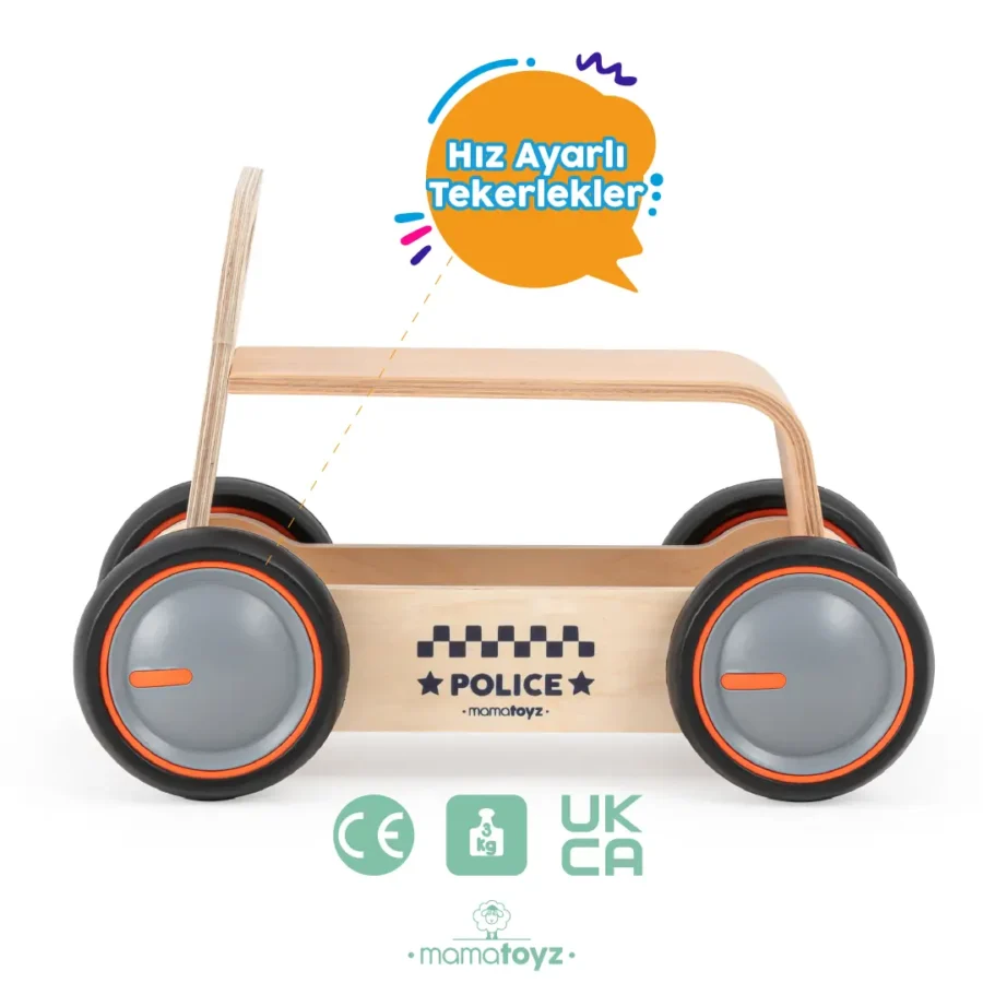 Mamatoyz DriveMe Wood 3'ü 1 Arada Ahşap İlk Adım Arabası Yürüme Arkadaşı, Bingit, Oyuncak Kutusu - Polis Arabası