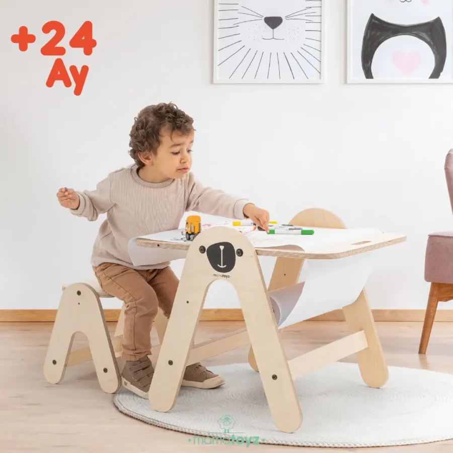 Mamatoyz Massam 2'si 1 Arada Montessori Ahşap Aktivite Masası ve Yazı Tahtası - Ayı