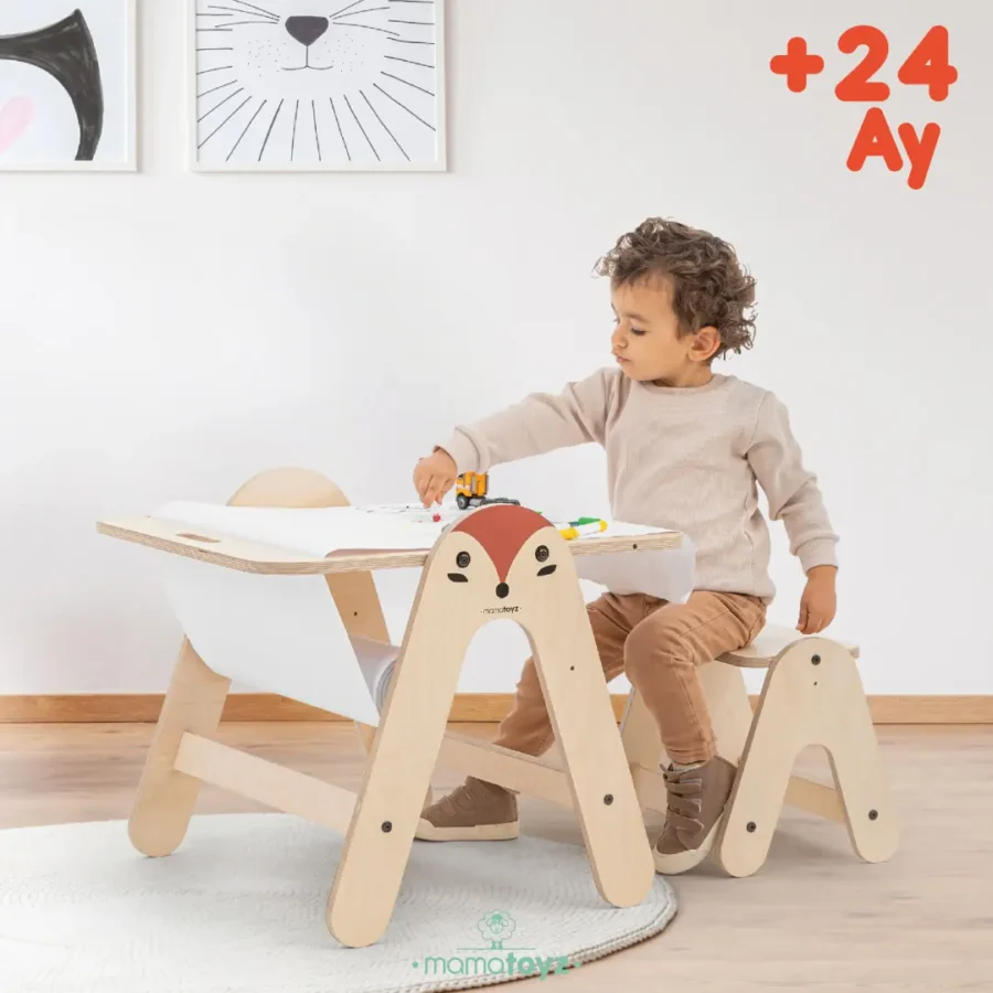 Mamatoyz Massam 2'si 1 Arada Montessori Ahşap Aktivite Masası ve Yazı Tahtası - Tilki