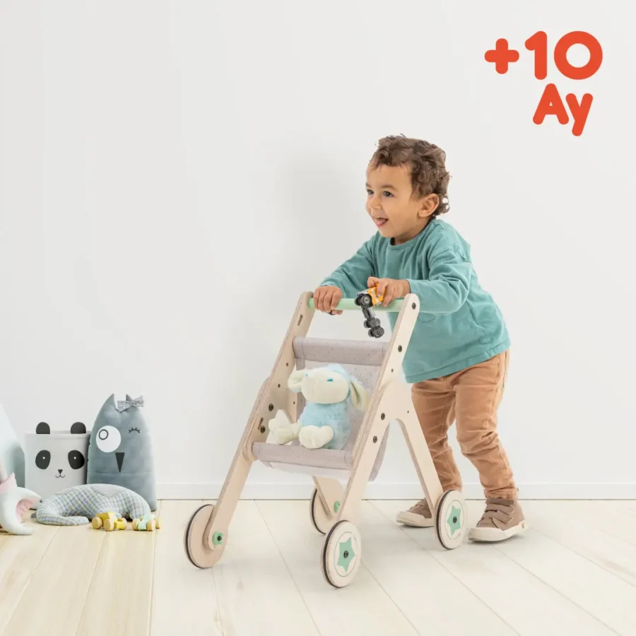 Mamatoyz Trio 2'si 1 Arada Ahşap Yürüme Arkadaşı ve  Oyuncak Bebek Arabası, Yürüteç
